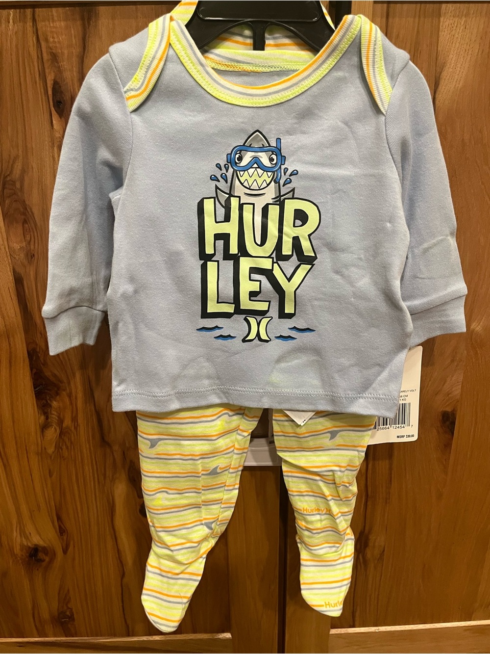 Hurley Light Blue Top with Yellow Striped Footed Pajama Set